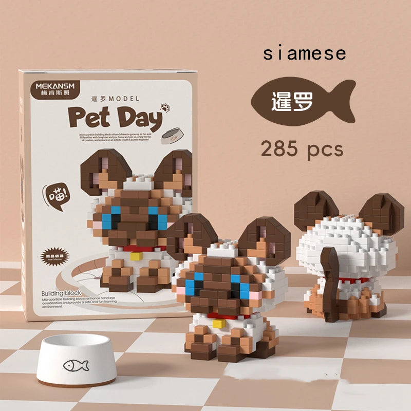 Bouwpakket schattige Husky & kat speelgoed – mini blokjes puzzelplezier