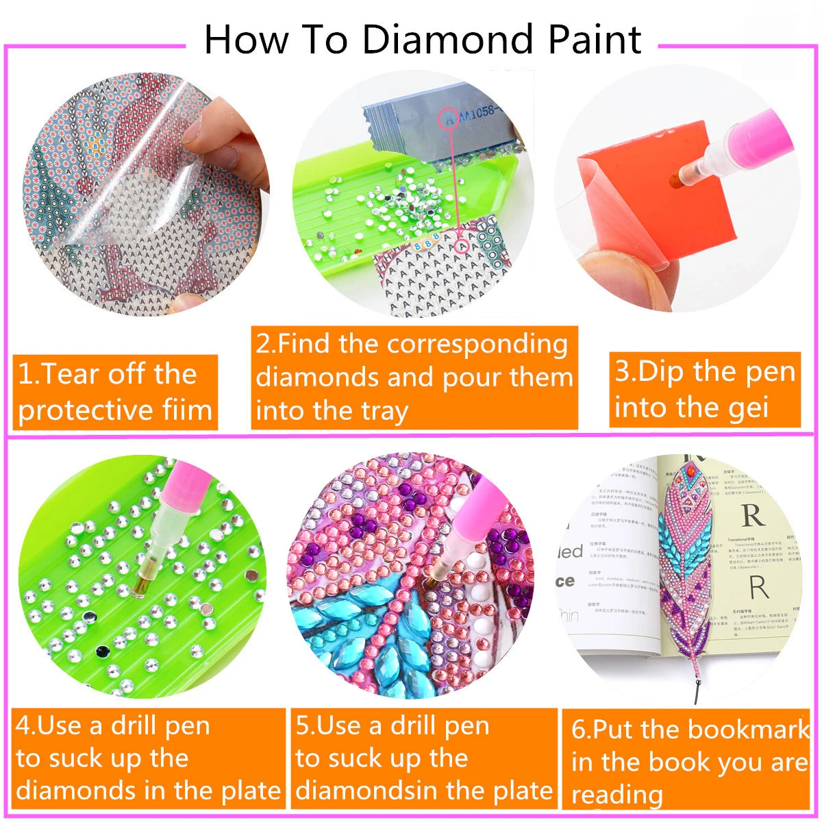 Diamond Painting Boekenlegger Veer – Set van 6 met Kristallen Hangers