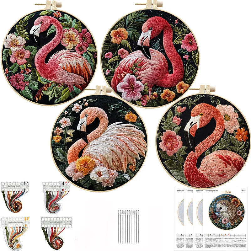 Borduurpakket rond - Flamingo bloemen starterset met patroon en accessoires