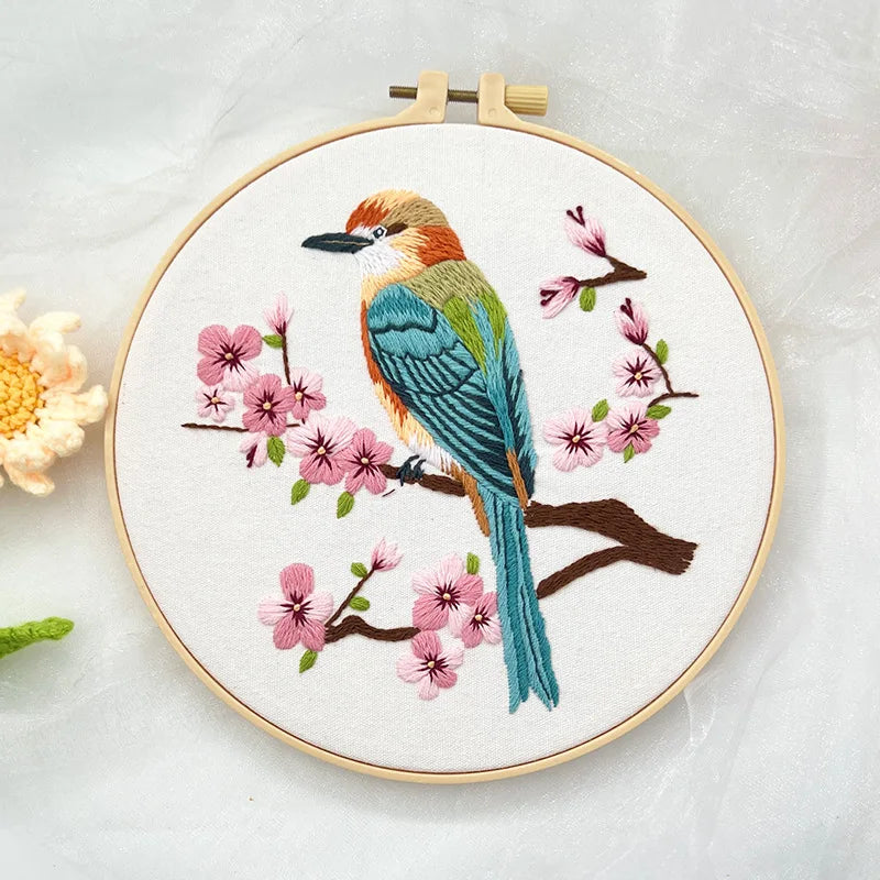 Borduurpakket rond - Bloemen en vogels starterset kruissteek voor beginners