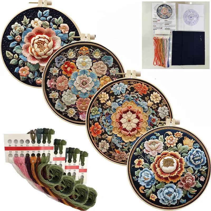 Borduurpakket rond - Retro bloemenpatroon compleet met garen en naald