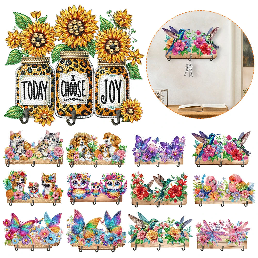 Diamond Painting Kapstok/Sleutelrek - Houten Libelle & Bloemen met Steentjes