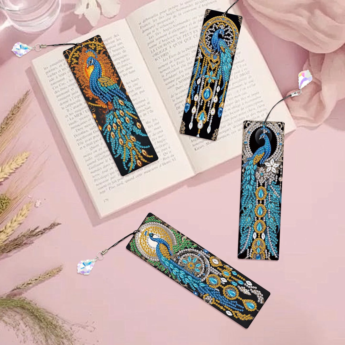 Diamond Painting Boekenlegger set met Wolf en Pauw ontwerpen – 8 stuks
