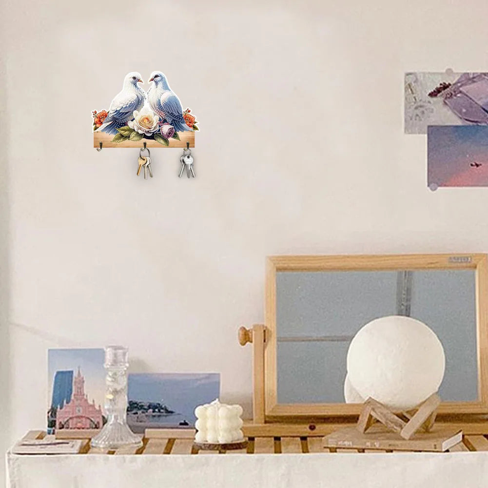 Diamond Painting Kapstok/Sleutelrek – Houten Haakjes met Schattige Vogel