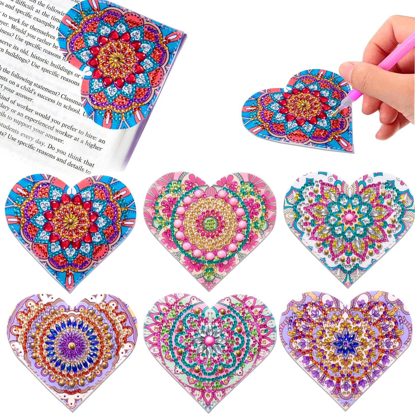 Diamond Painting Boekenlegger Hoekjes Set van 6 – Hartontwerp met Diamond Painting Steentjes