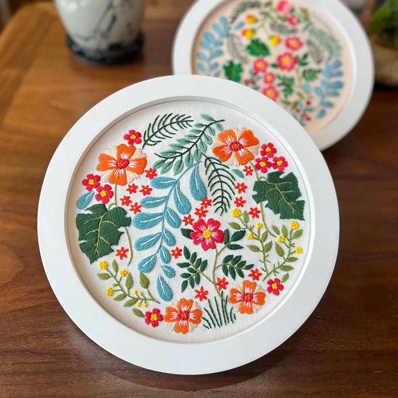 Borduurpakket rond - Konijn met bloemen kruissteek set voor beginners