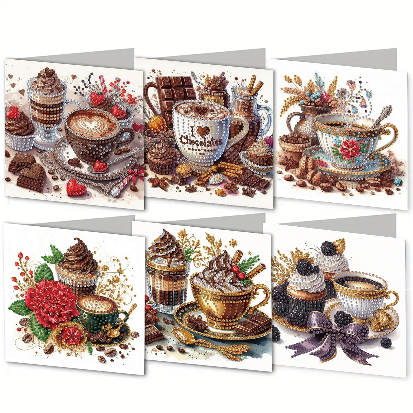 Diamond Painting Wenskaarten Set - Koffie Thema, Zegeningen en Wensen (6 Stuks)