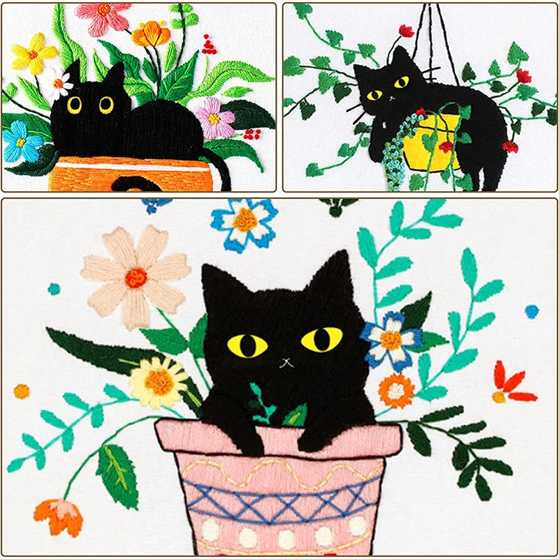 Borduurpakket Rond Kat met Bloemen – Inclusief Garen en Naalden