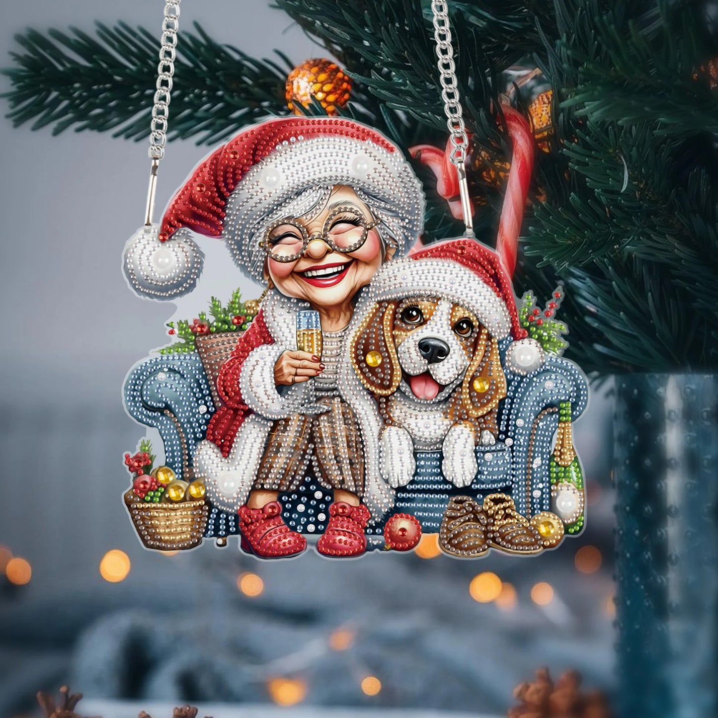 Diamond Painting Hangend Kerst Ornament - Happy Oma met puppy