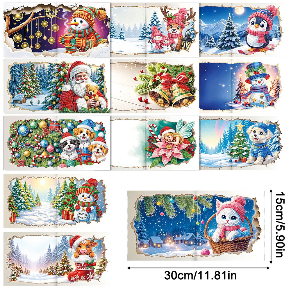 Diamond Painting Kerstkaarten set van 12 stuks – Feestelijke wenskaarten met strass steentjes