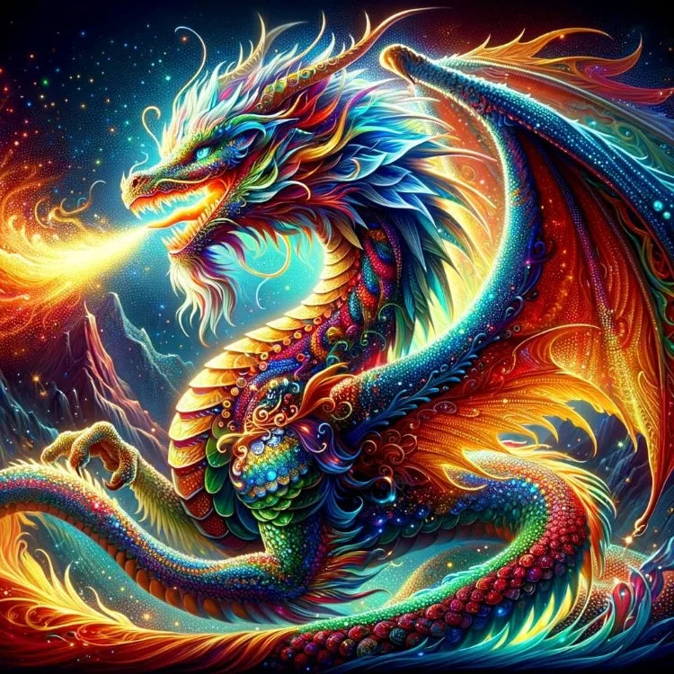 AB Diamond Painting op canvas Fantasy Dieren – Kleurrijke Phoenix, Draak en Leeuw