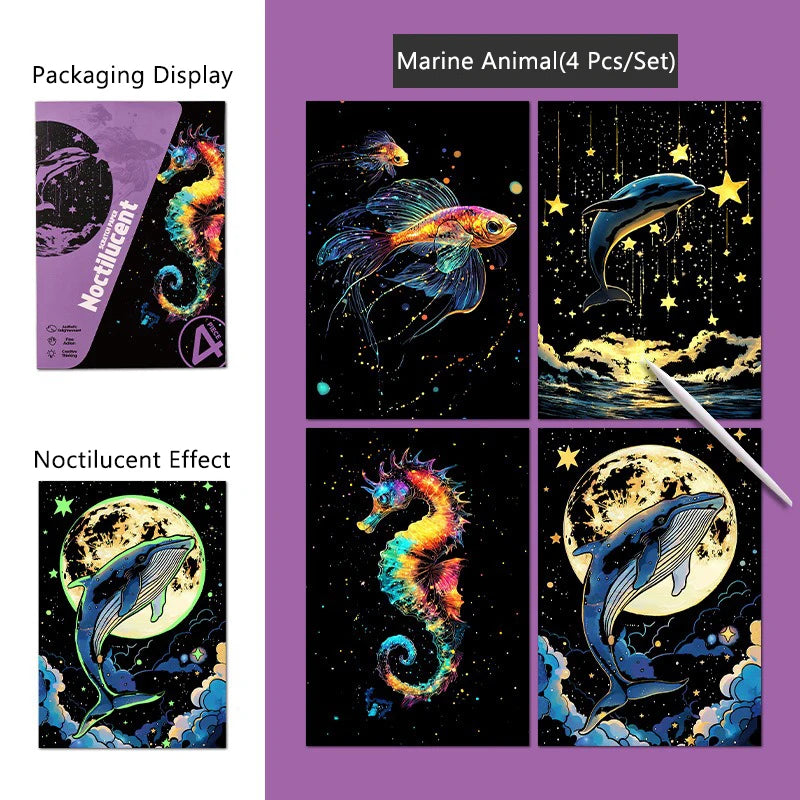 Krastekening Set A5 - Glow in the dark Kastelen & Dieren
