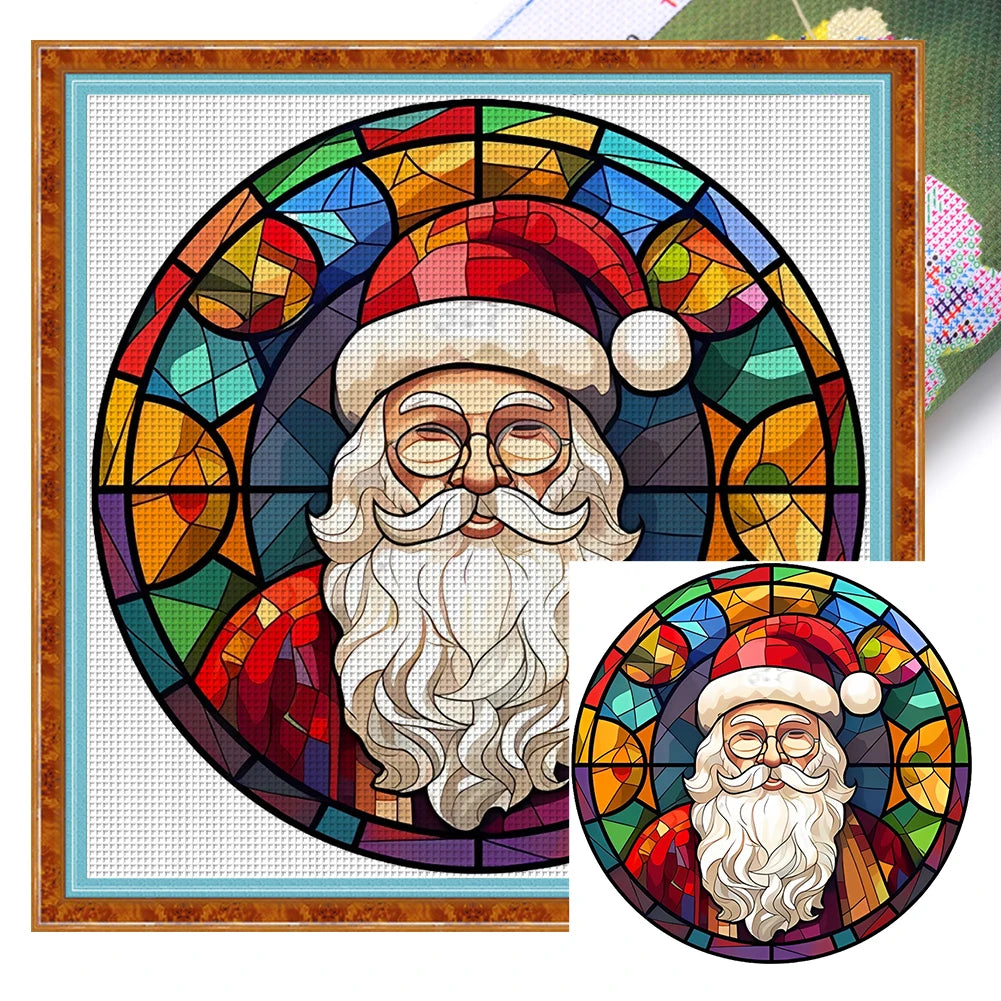 Borduurpakket Kerst – Glas-in-lood Kerstman, Kerstboom, Sneeuwpop