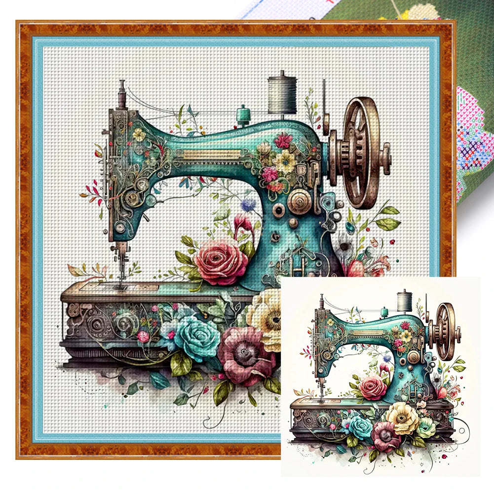 Borduurpakket Bloemmotief met Naaimachine – 40x40cm Complete Set