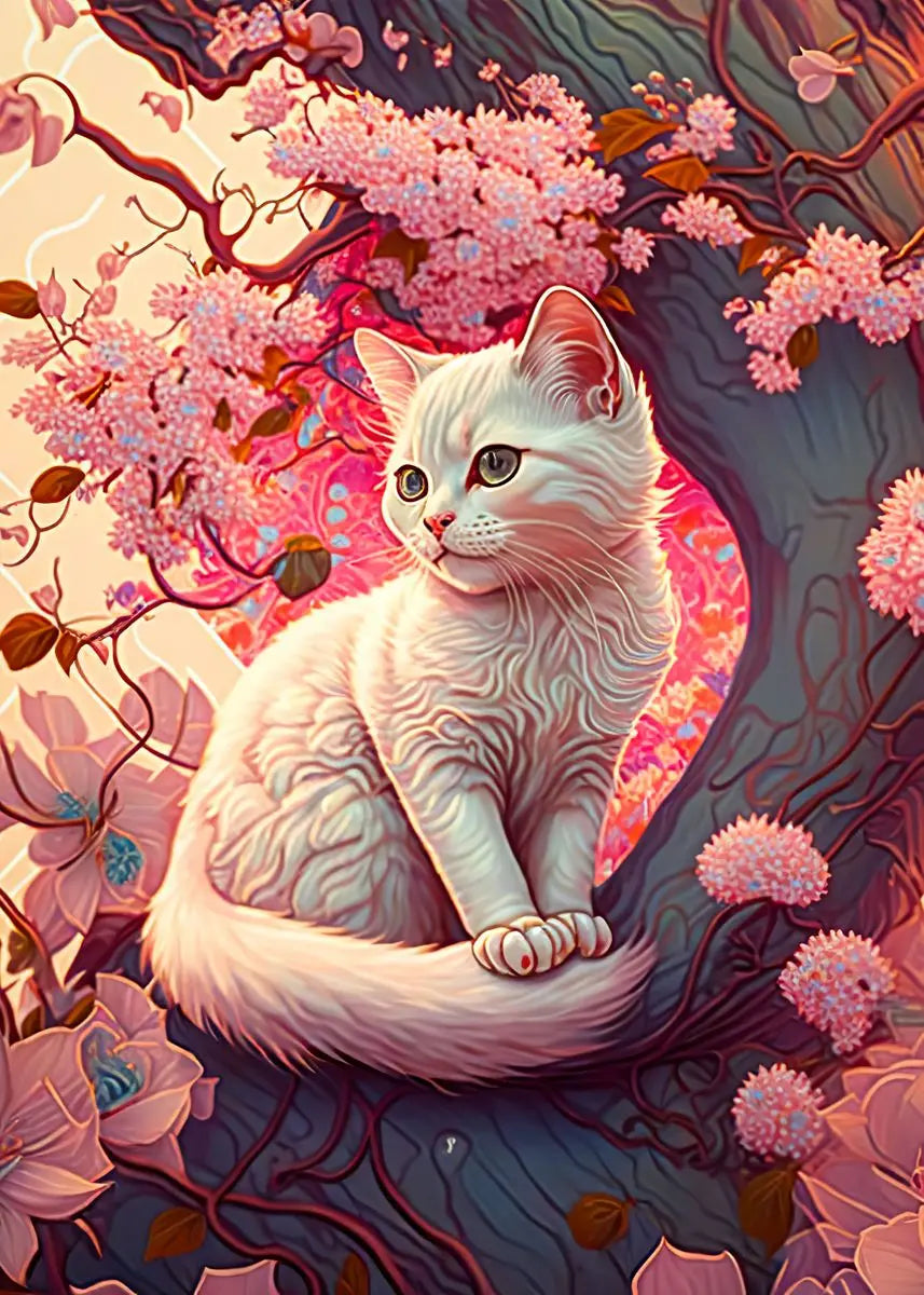 AB Diamond Painting op canvas – Katten & Kersenbloesem – Volledige bedekking – Keuze uit ronde of vierkante AB/Fairydust steentjes