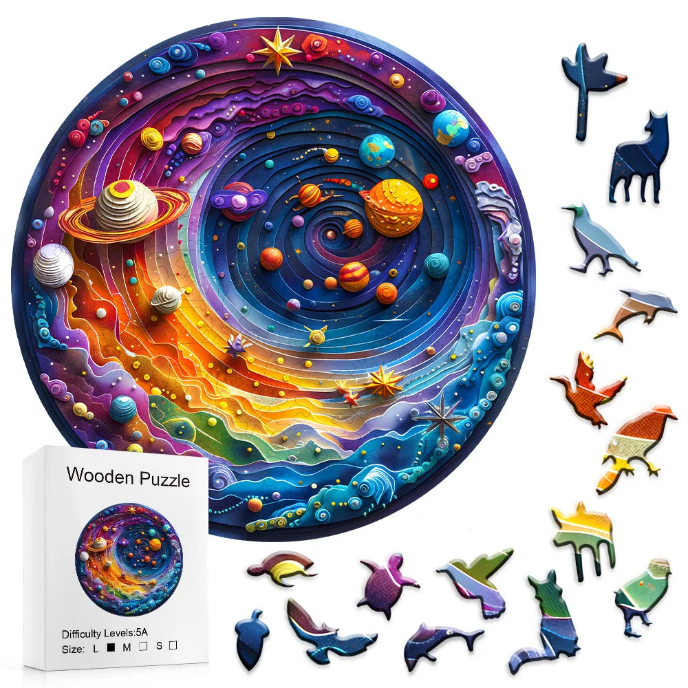 Houten figuren puzzel - Ruimte Planeet | Onregelmatig gevormde puzzelstukjes