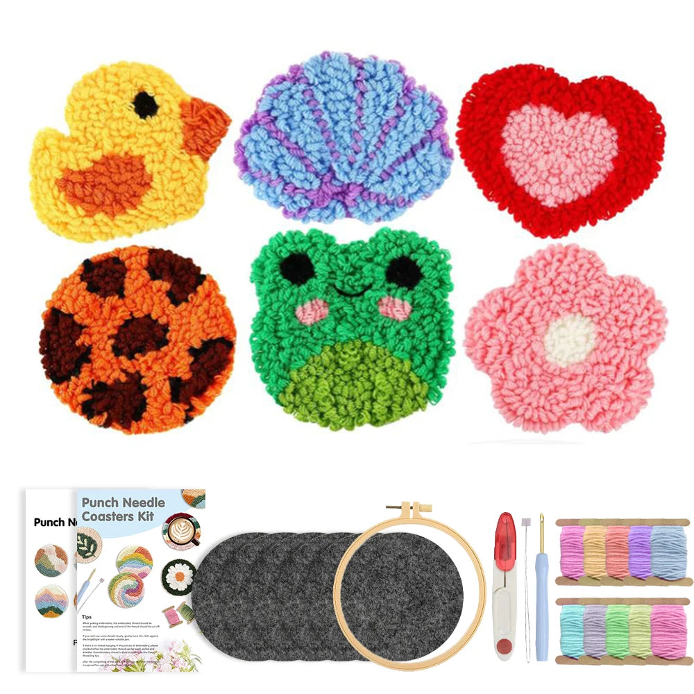 Punch Needle pakket Onderzetters Dieren en Bloemen 6 Stuks voor Beginners