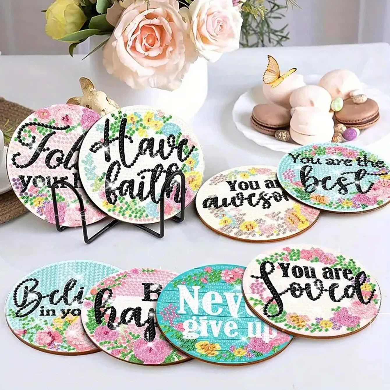 Diamond Painting Onderzetters – Set van 8 met Tekstpatronen en Houder