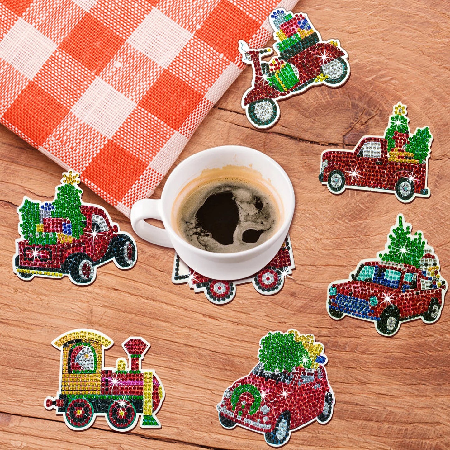 Diamond Painting Onderzetters Kerst Set – 10 Stuks met Houder - Auto