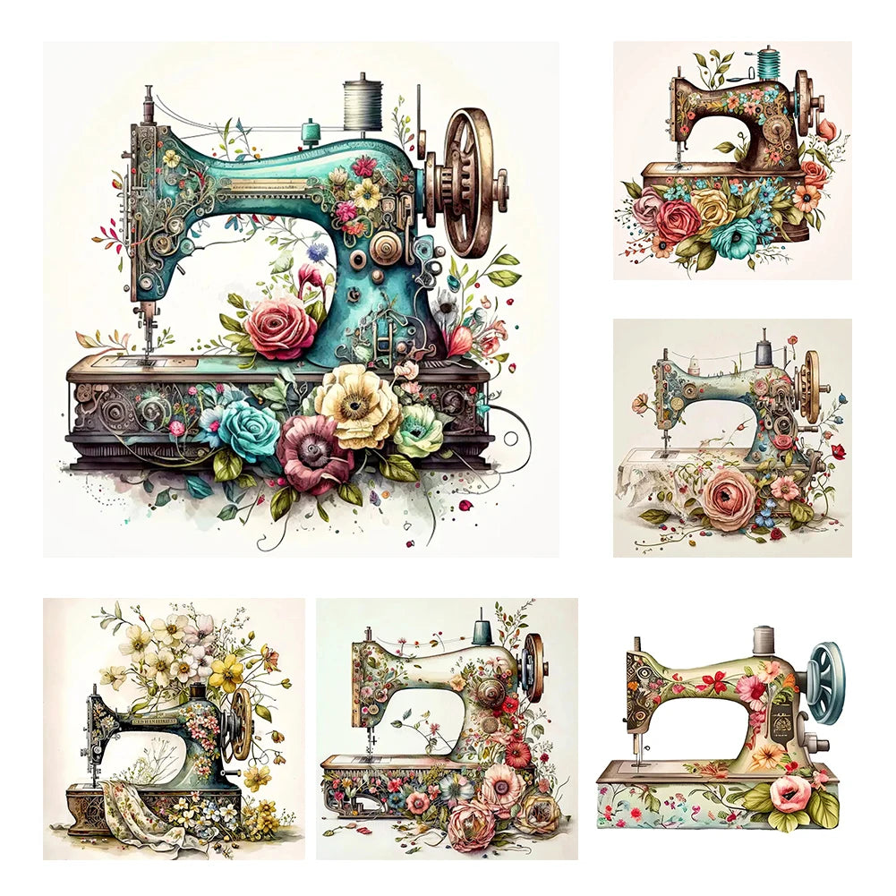 Borduurpakket Bloemmotief met Naaimachine – 40x40cm Complete Set