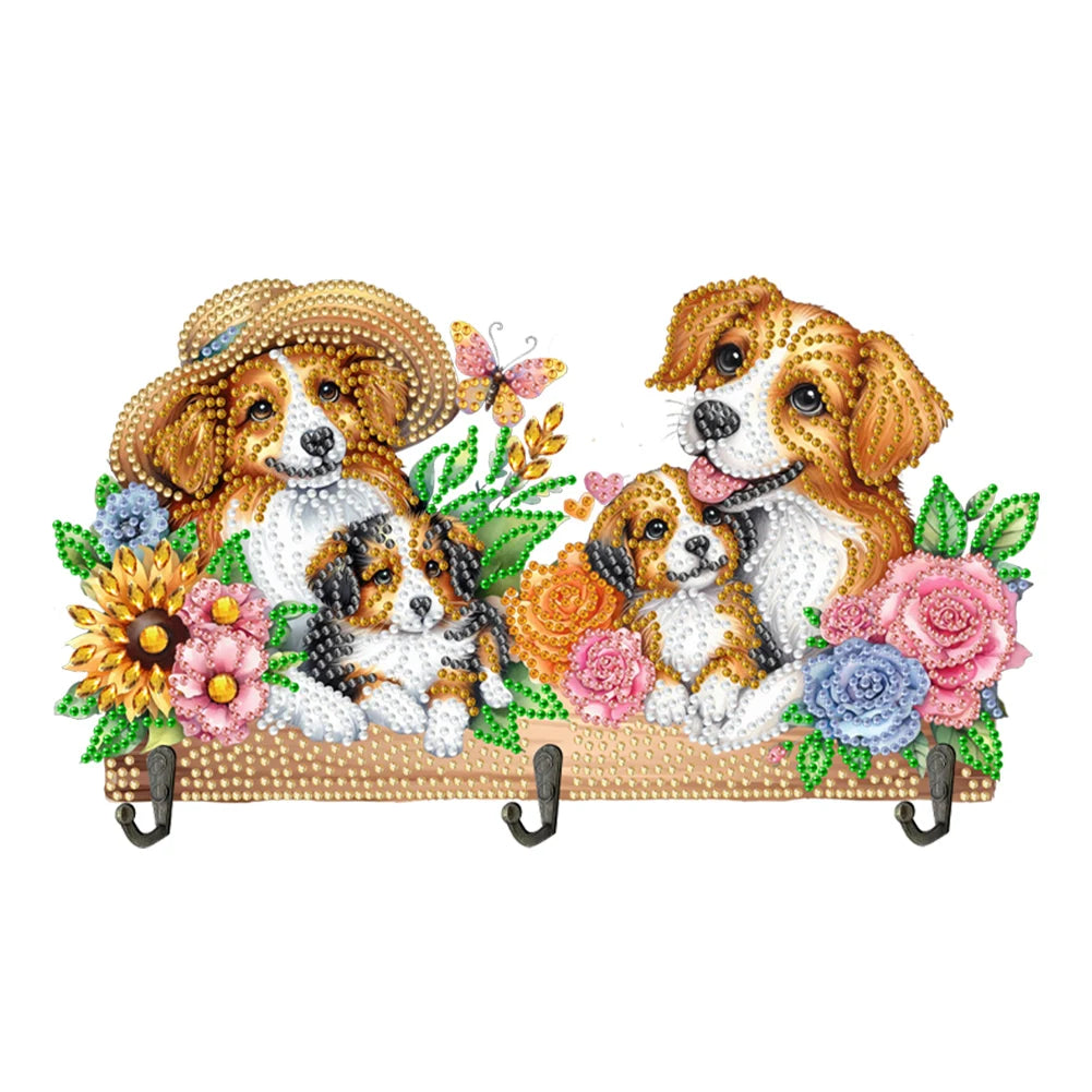 Diamond Painting Kapstok/Sleutelrek - Houten Libelle & Bloemen met Steentjes