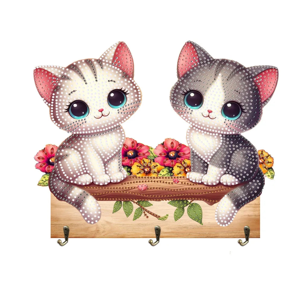 Diamond Painting Kapstok/Sleutelrek – Houten Haakjes met Schattige Dieren