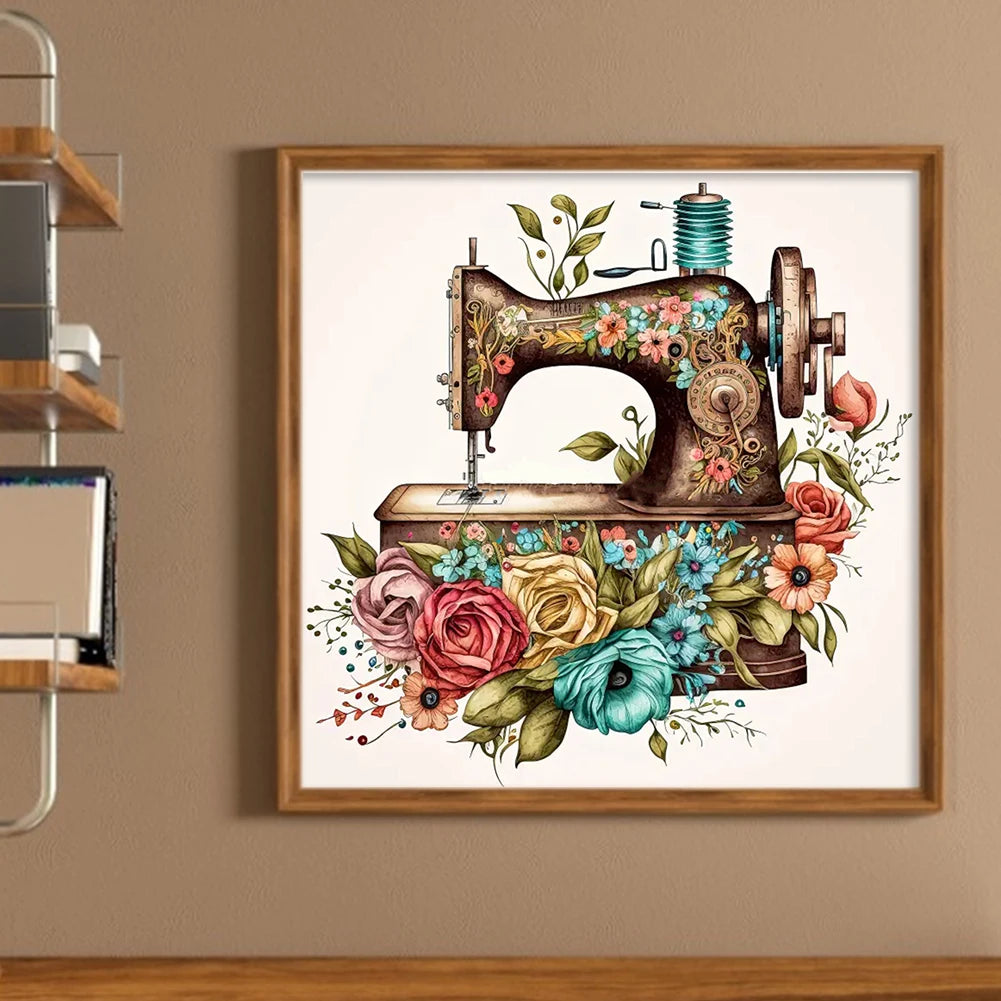 Borduurpakket Bloemmotief met Naaimachine – 40x40cm Complete Set