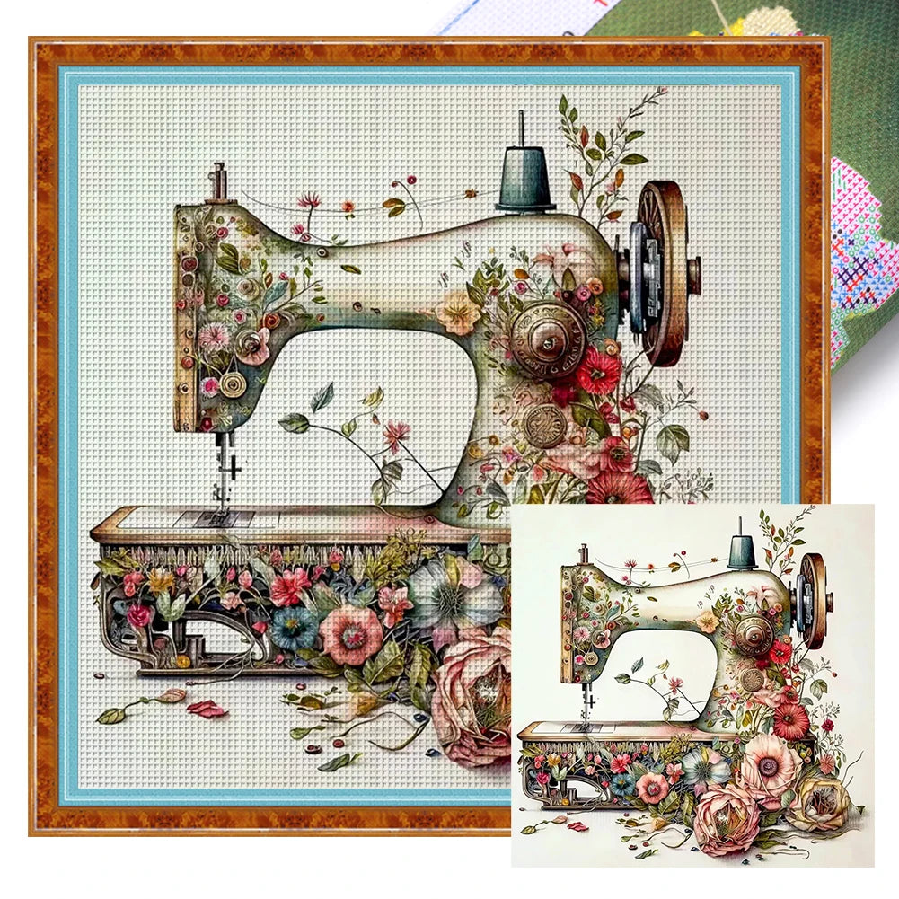 Borduurpakket Bloemmotief met Naaimachine – 40x40cm Complete Set