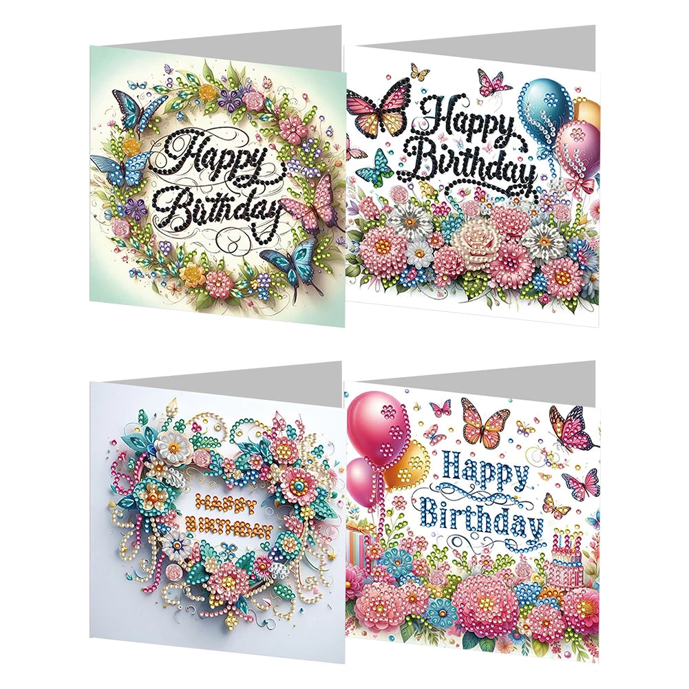 Diamond Painting Verjaardagskaarten Set - 4 stuks met Diamantkunst