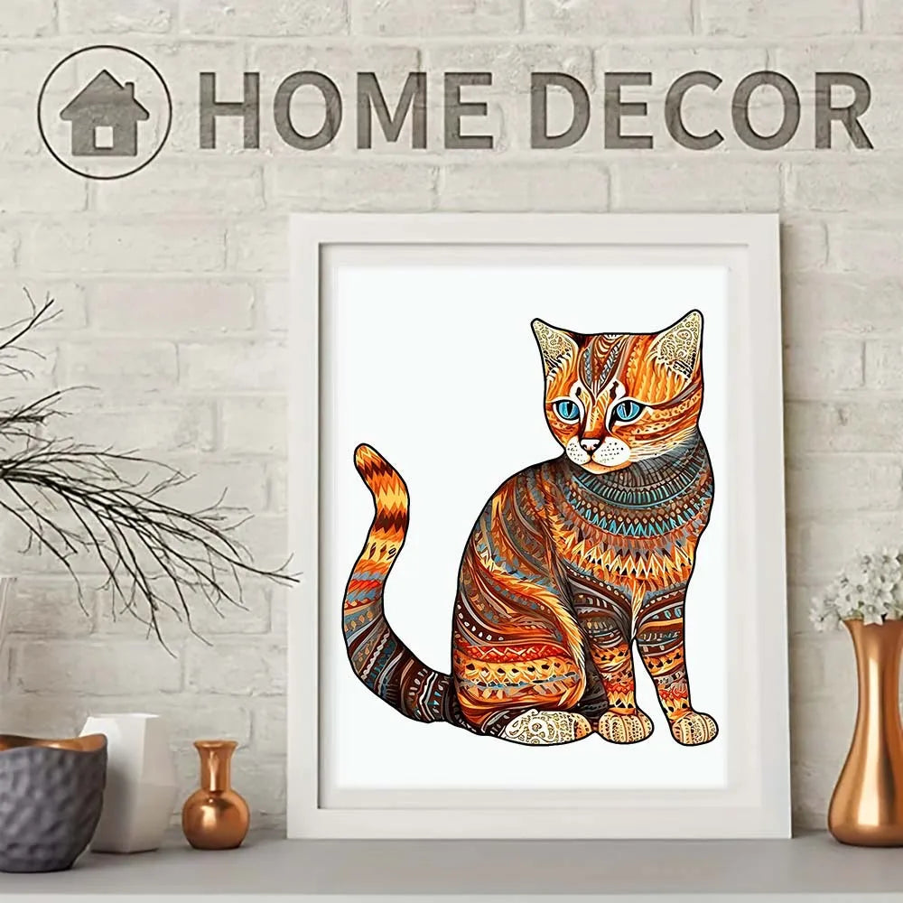 Houten figuren puzzel kat – decoratieve dierenpuzzel cadeau voor volwassenen