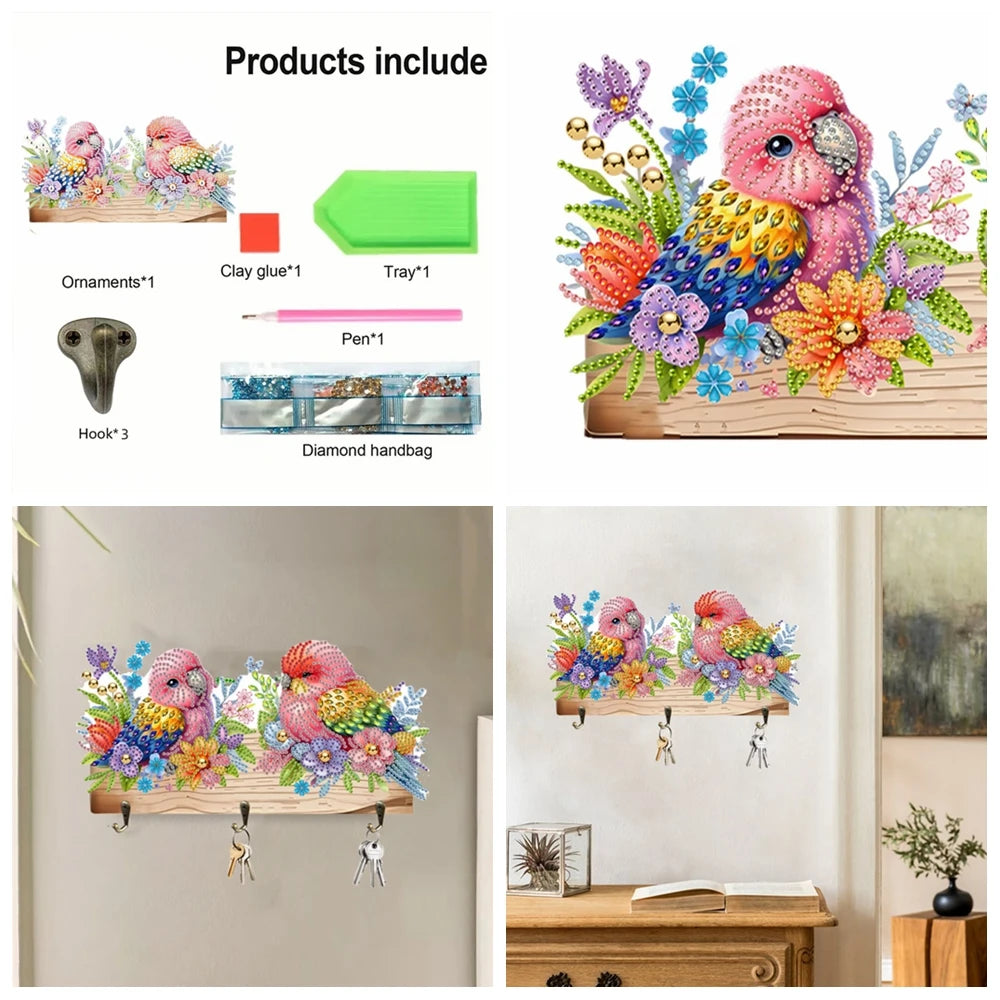 Diamond Painting Kapstok/Sleutelrek – Houten Wandrek met 3 Haken en Diamond Painting Steentjes