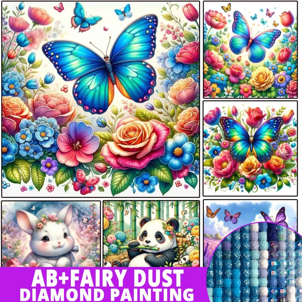 AB Diamond Painting op canvas - Kleurrijke Bloem, Vlinder, Konijn, Kat en Abstract Landschap