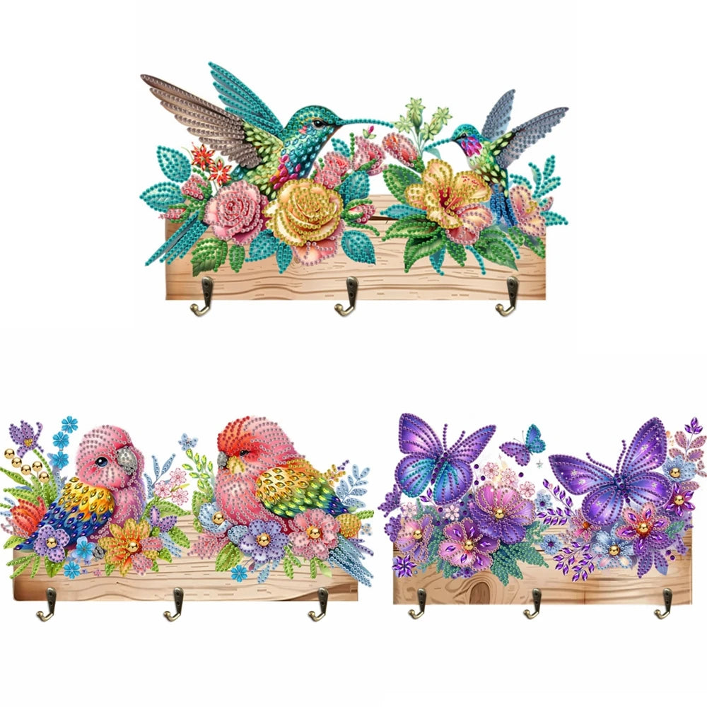 Diamond Painting Kapstok/Sleutelrek – Houten Wandrek met 3 Haken en Diamond Painting Steentjes