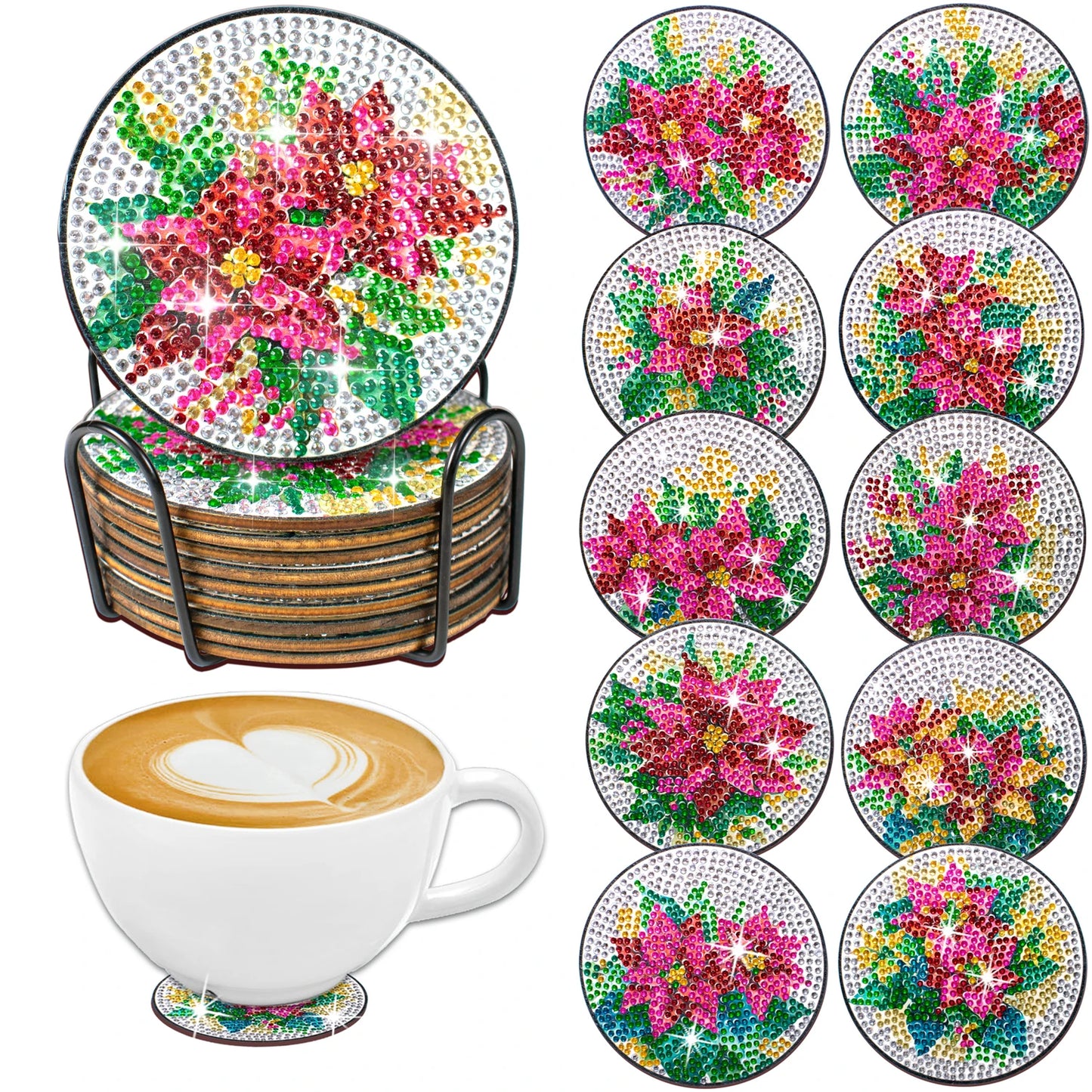 Diamond Painting Onderzetters Bloemen – Set van 10 met Houder