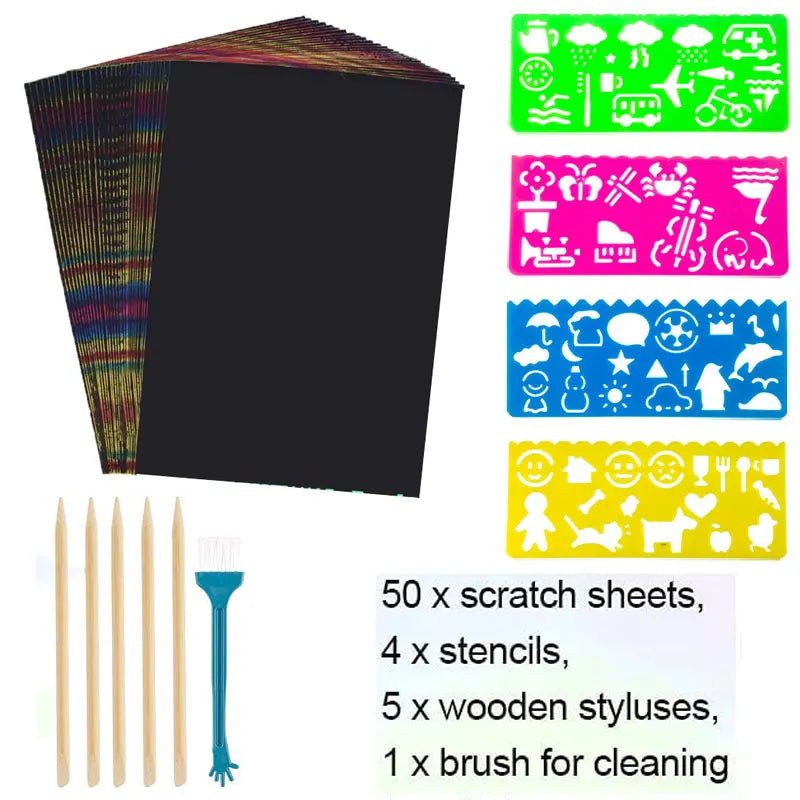 Krastekeningen set 60-delig Regenboog Scratch Art Papier met Sjablonen