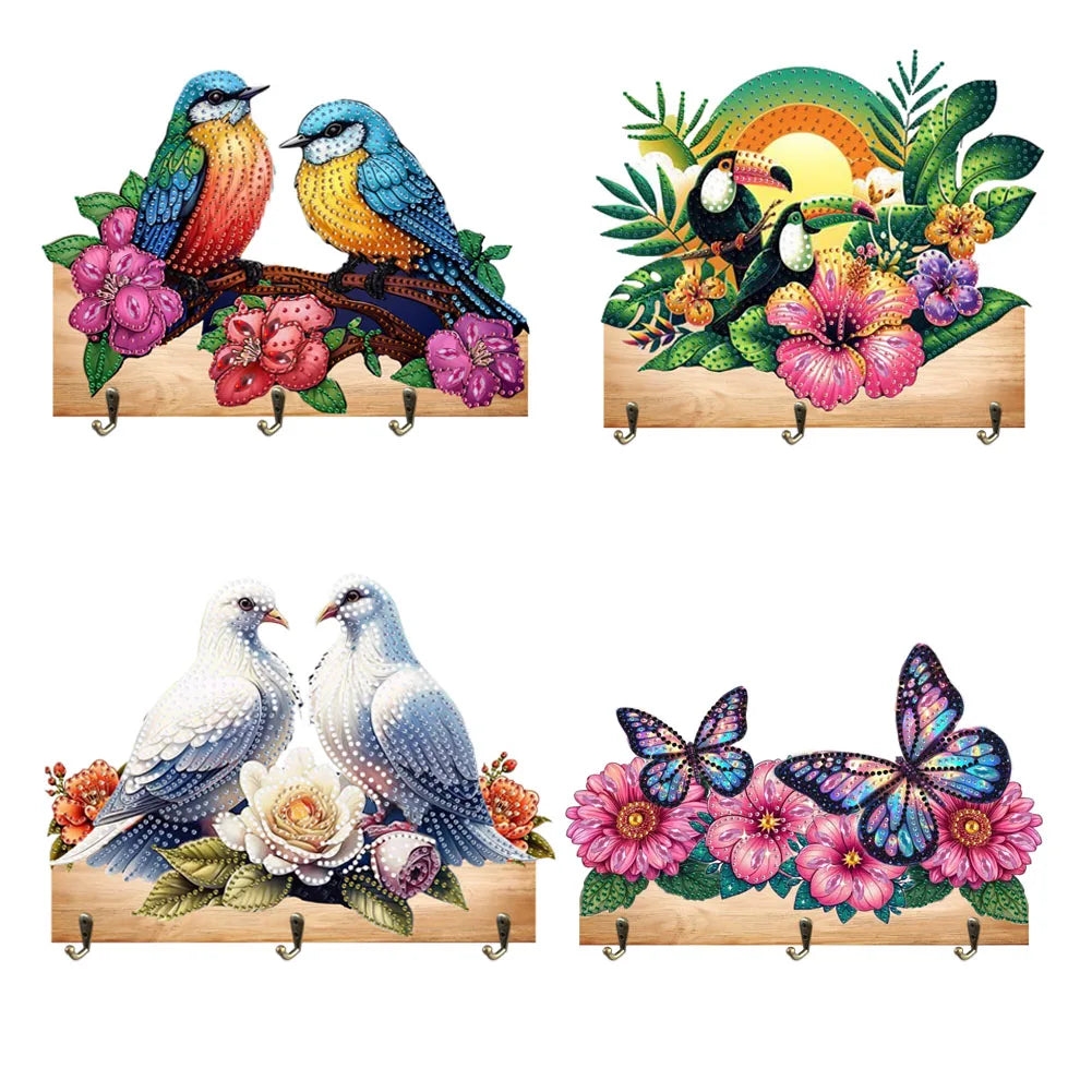 Diamond Painting Kapstok/Sleutelrek – Houten Haakjes met Schattige Vogel