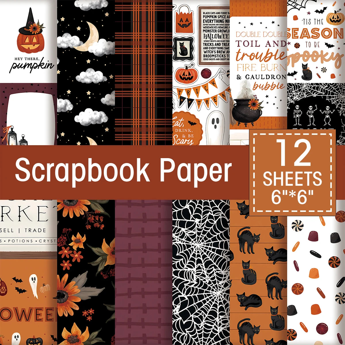 Halloween Scrapbook Papierblok - 12 Vellen, 15x15 cm, Enkelzijdig