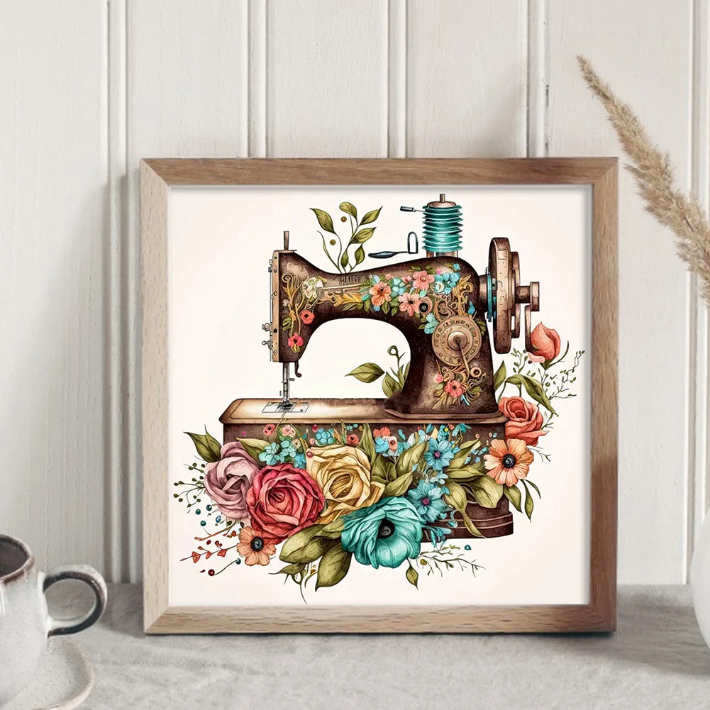 Borduurpakket Bloemmotief met Naaimachine – 40x40cm Complete Set