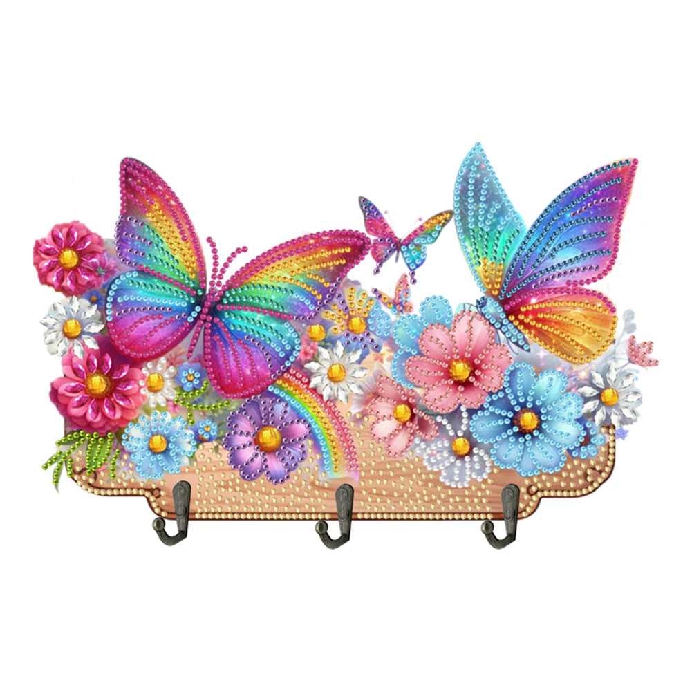 Diamond Painting Kapstok/Sleutelrek - Houten Libelle & Bloemen met Steentjes