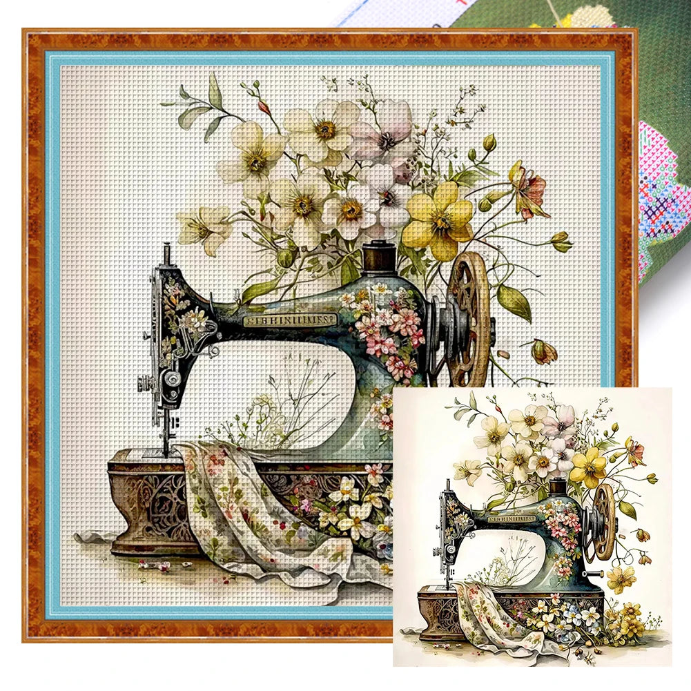 Borduurpakket Bloemmotief met Naaimachine – 40x40cm Complete Set