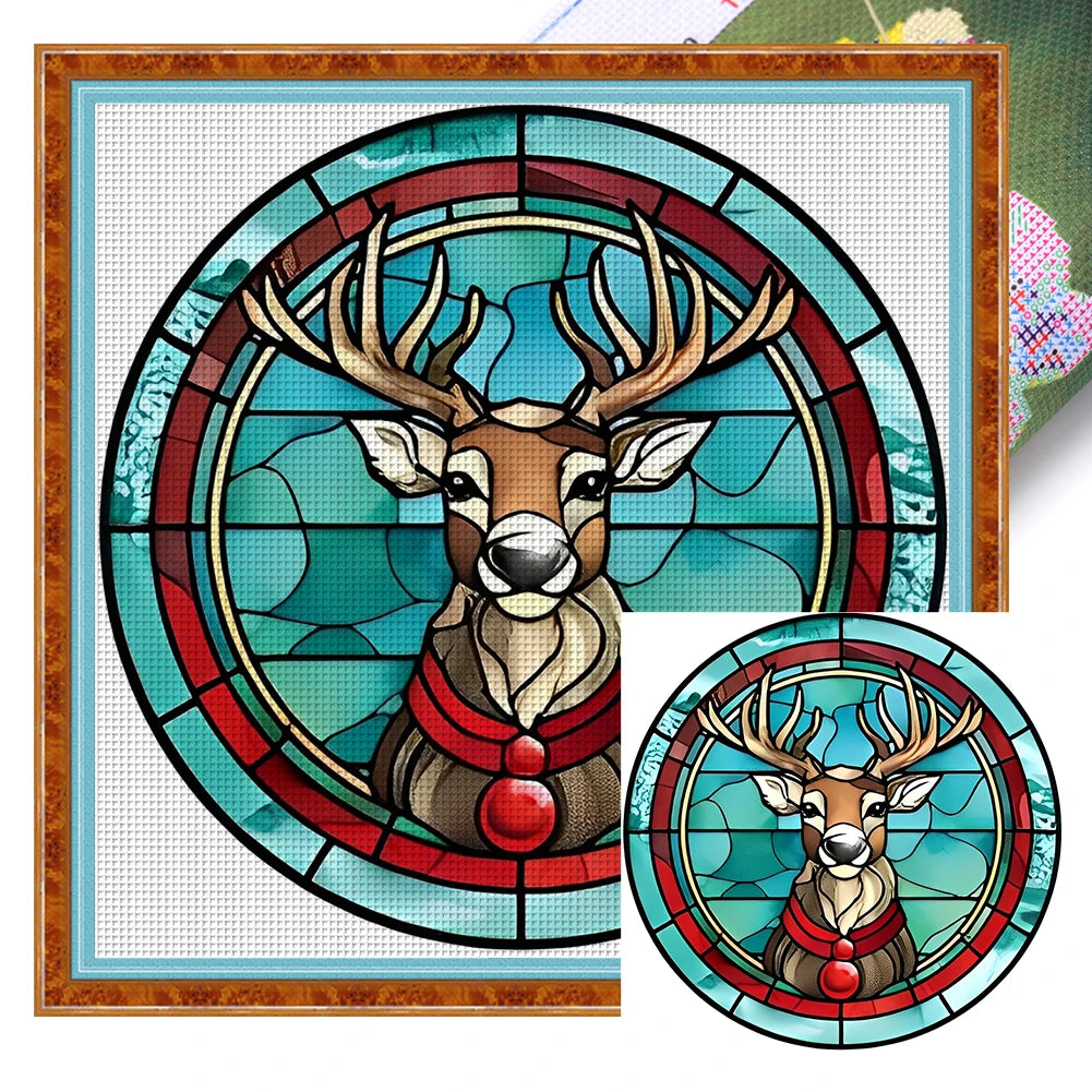 Borduurpakket Kerst – Glas-in-lood Kerstman, Kerstboom, Sneeuwpop