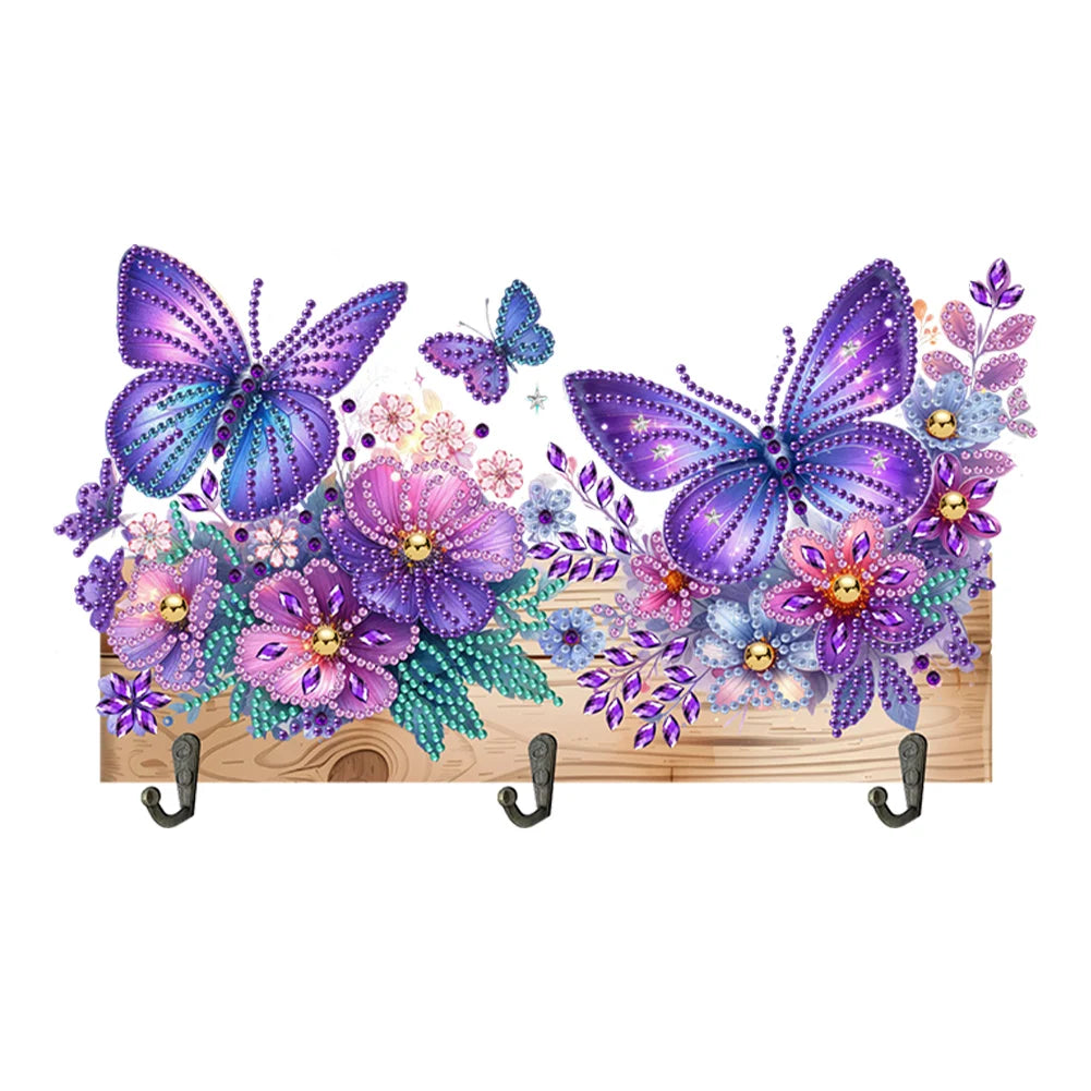 Diamond Painting Kapstok/Sleutelrek - Houten Libelle & Bloemen met Steentjes