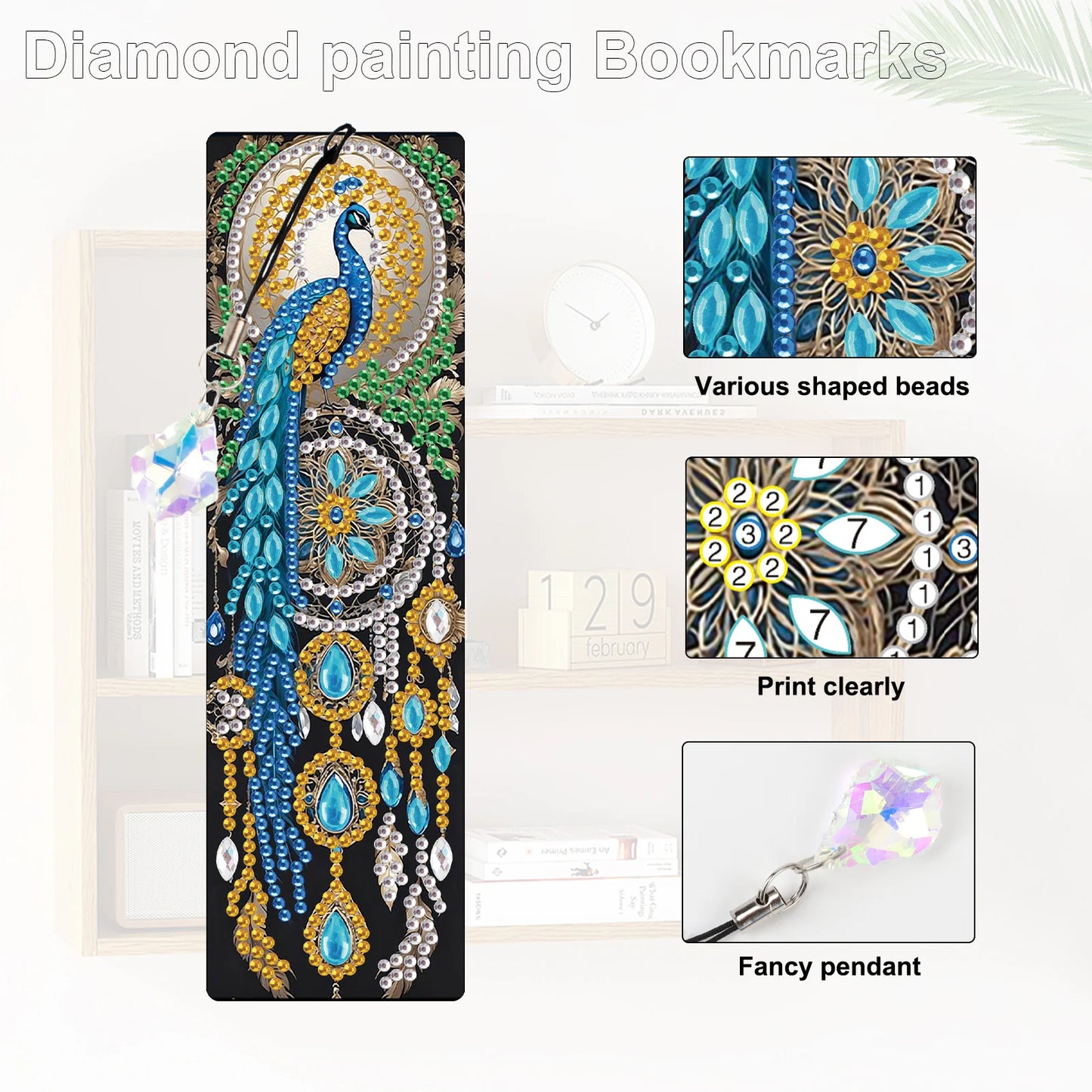Diamond Painting Boekenlegger set met Wolf en Pauw ontwerpen – 8 stuks