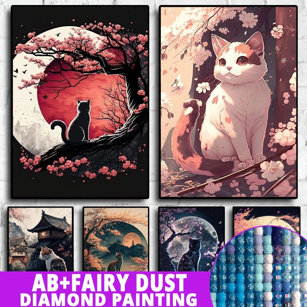 AB Diamond Painting op canvas – Katten & Kersenbloesem – Volledige bedekking – Keuze uit ronde of vierkante AB/Fairydust steentjes