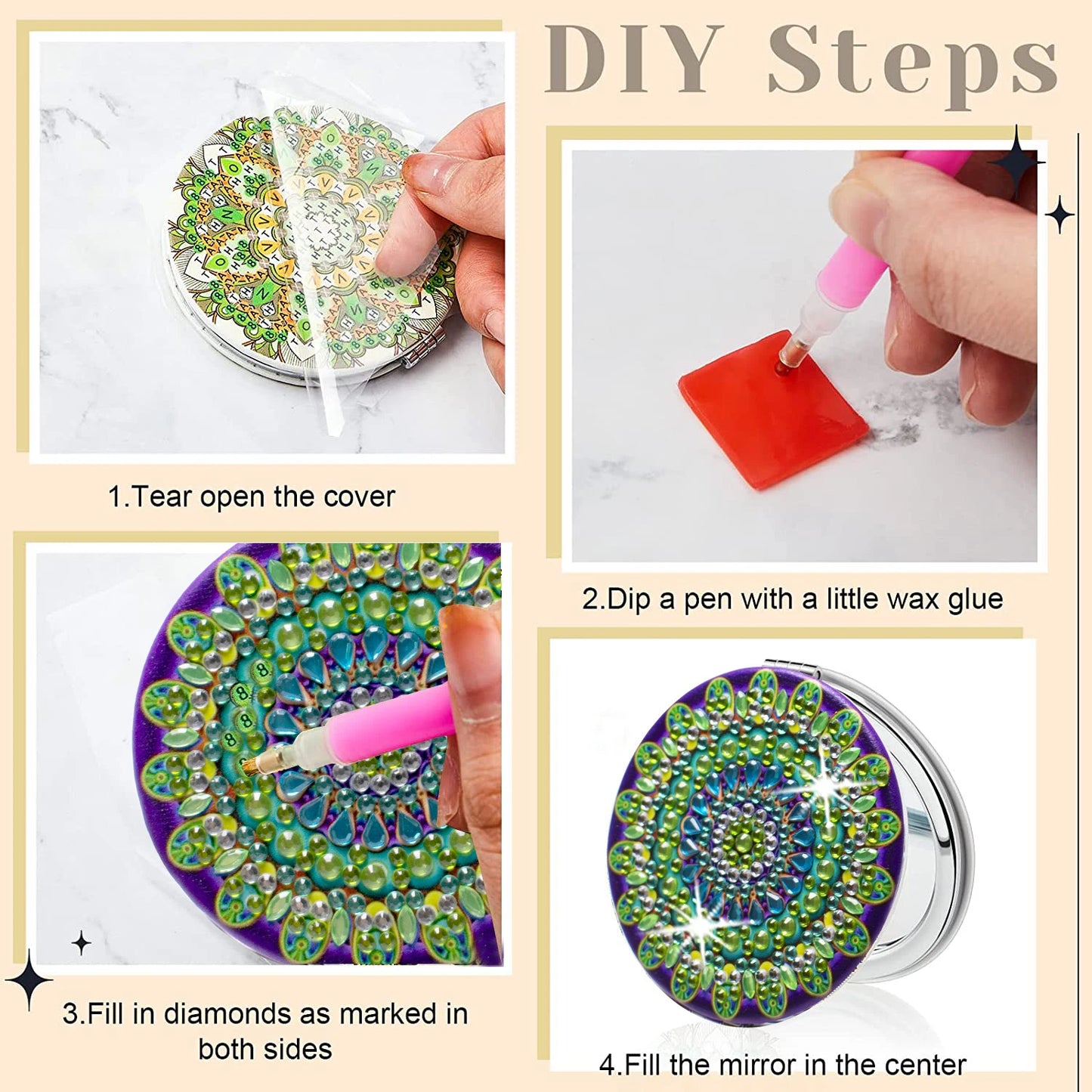 Diamond Painting Make-up spiegel Mandala Bloemen - Dubbelzijdig