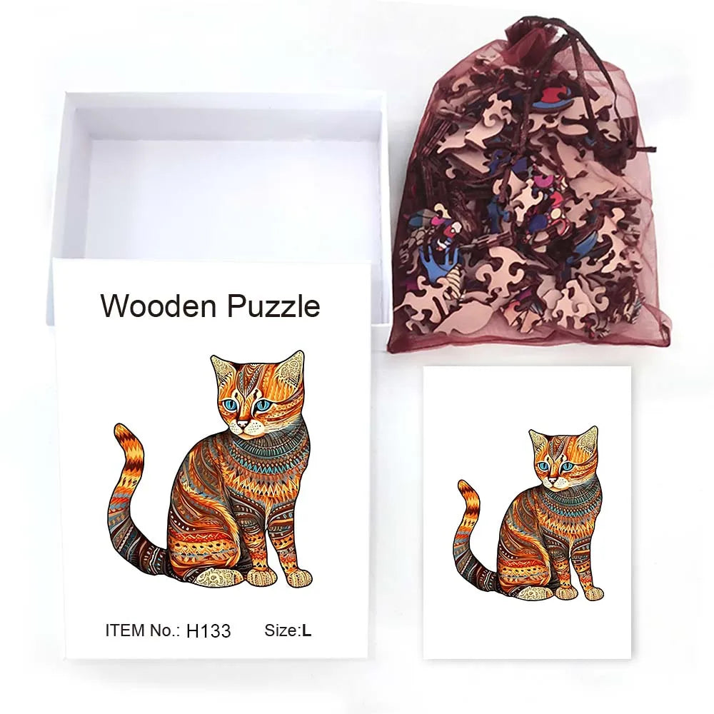 Houten figuren puzzel kat – decoratieve dierenpuzzel cadeau voor volwassenen