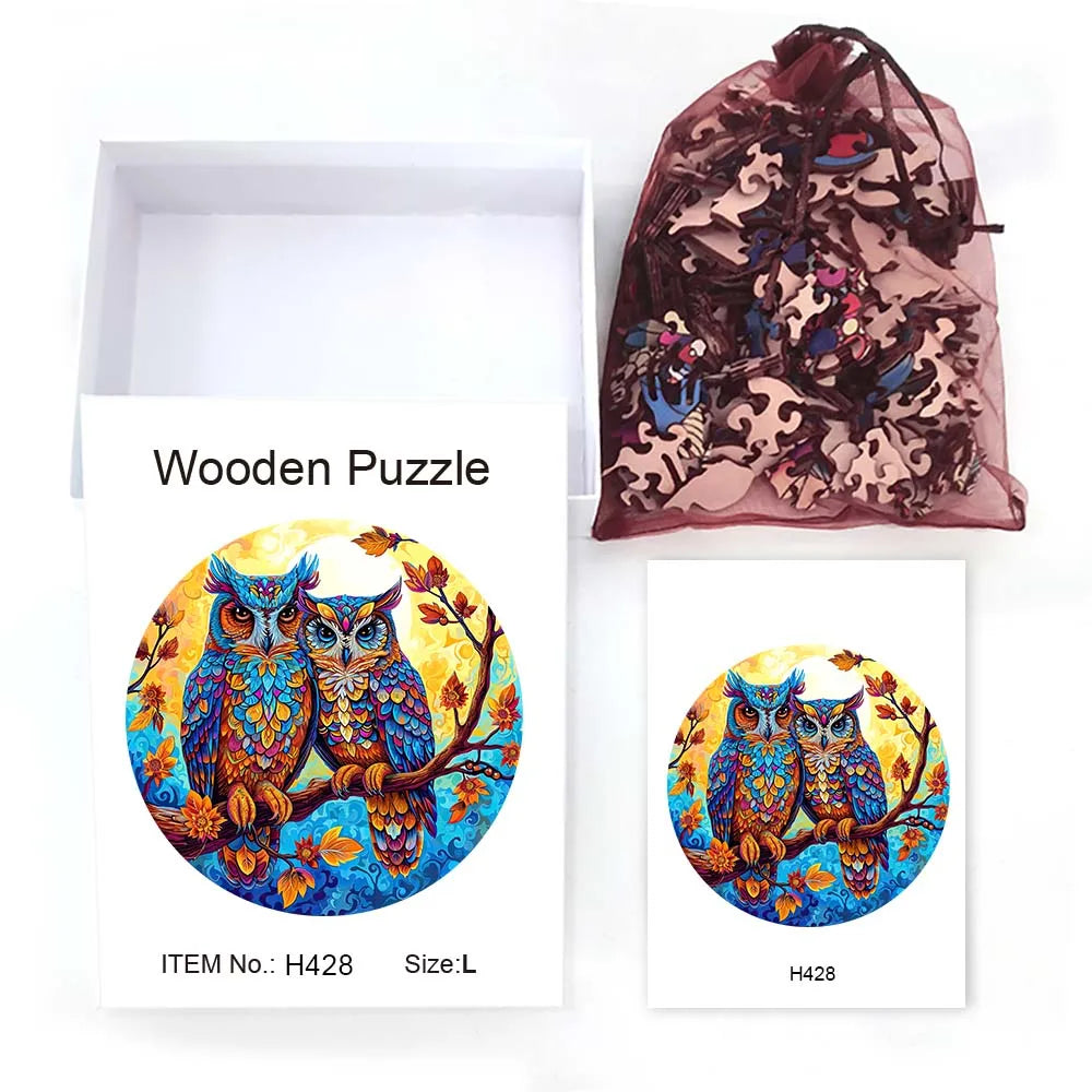 Houten figuren puzzel uil luxe geschenk unieke vorm uitdaging familieplezier