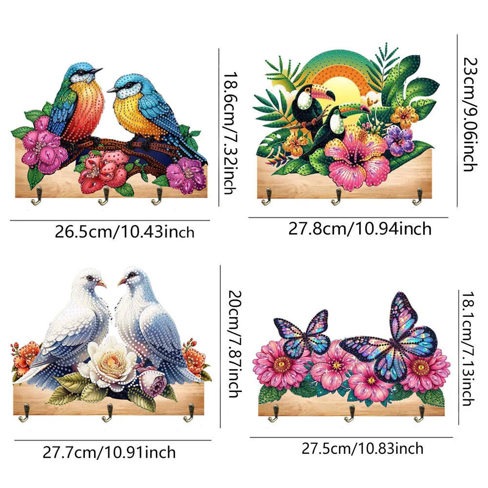 Diamond Painting Kapstok/Sleutelrek – Houten Haakjes met Schattige Vogel