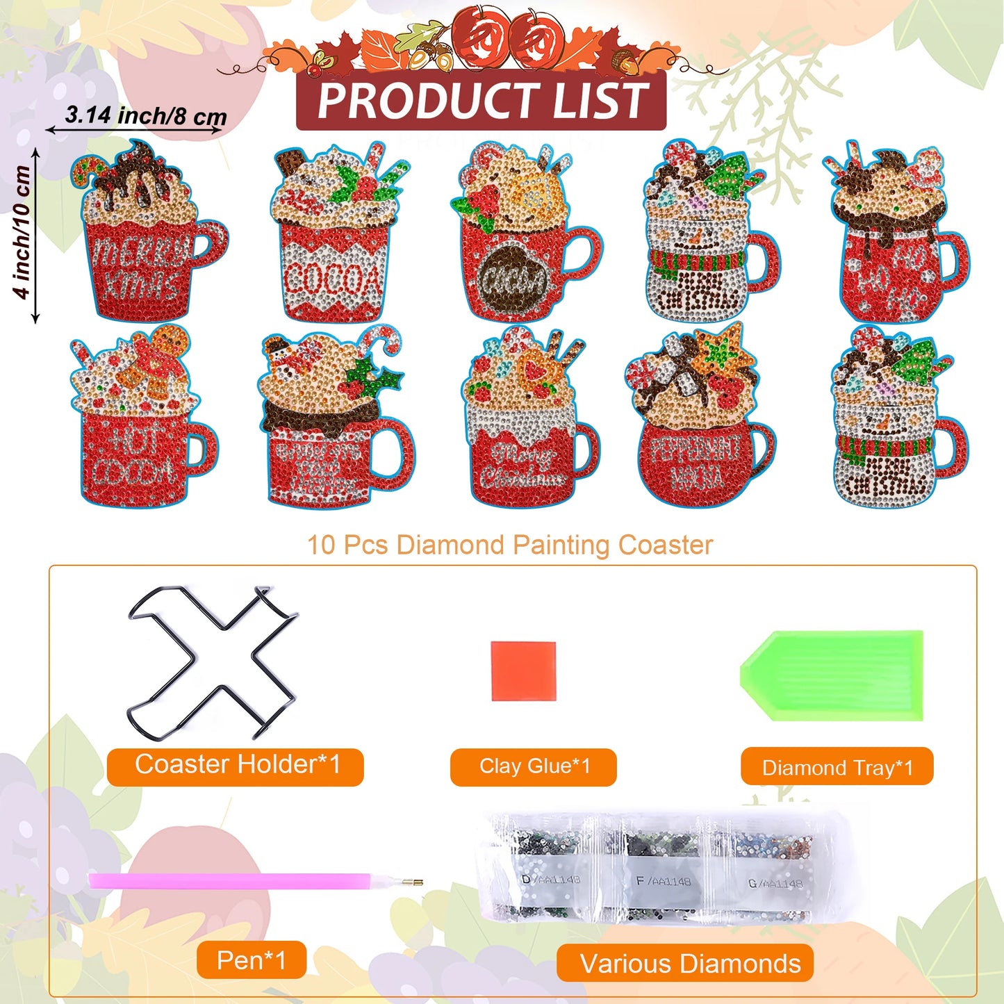 Diamond Painting Onderzetters Kerst Set – 10 Stuks met Houder - Kopjes