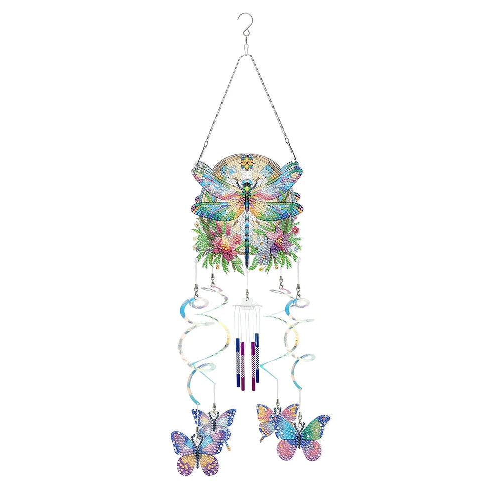 Diamond Painting Windgong met Bloemen, vlinder en Libelle – Dubbelzijdige Hanger met Diamond Painting Steentjes